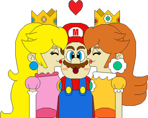 Super Mario - Peach and Daisy kiss Mario