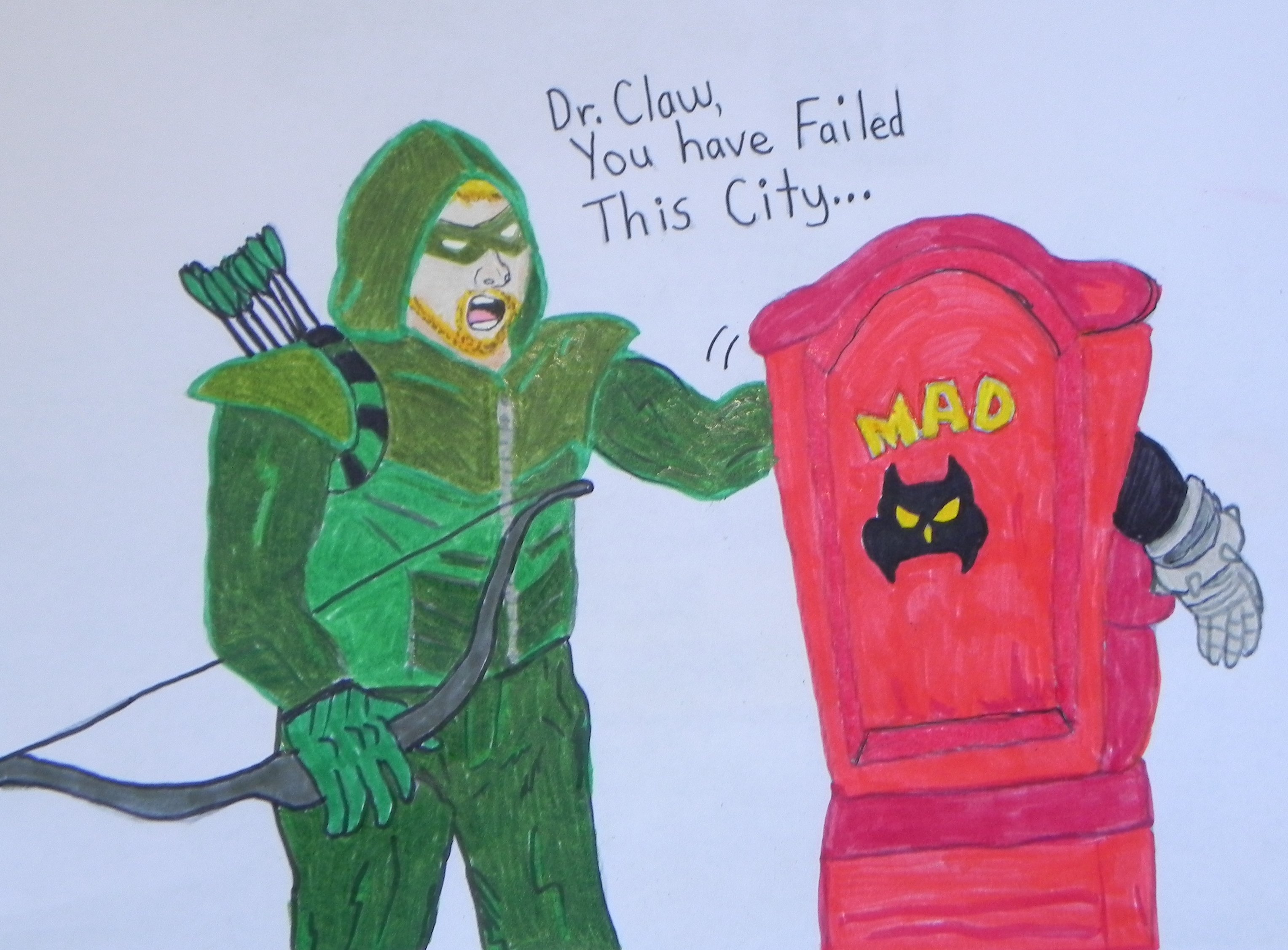 Green Arrow vs Dr. Claw (pencils + markers)