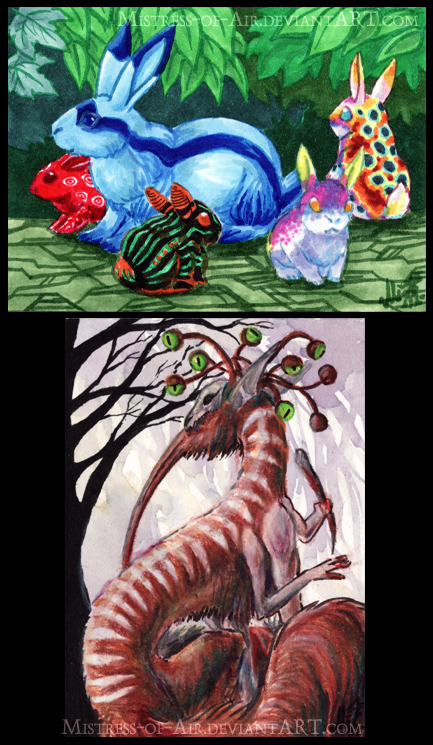 ACEO colourful bunnies and a demon