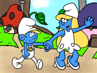 PLAYFUL SMURF ON A WALK WITH HIS MAMA SMURFETTE 