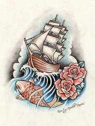 Pirate Ship, Rose and Koi Fish Tattoo Design
