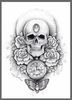 Skull, watch and moth thigh tattoo design