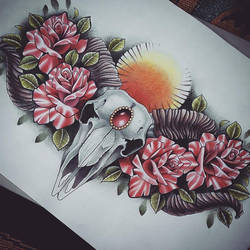 Ram Skull and Roses Chest Piece Tattoo Design