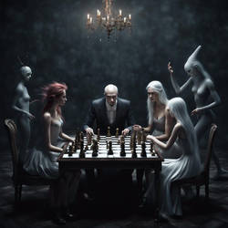 Slender male playing chess with fairy women surrou