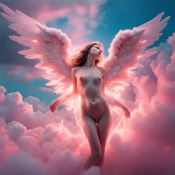 Beautiful female nude angel amongst soft pink and 