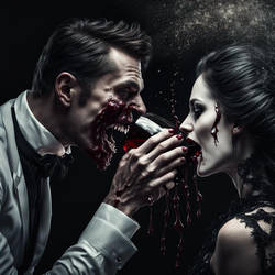 Man pouring wine into womans mouth. Gothic. Dark