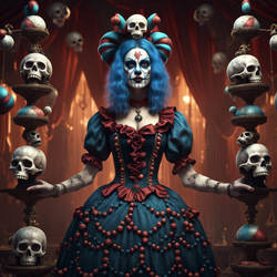 Female jester  balancing skulls. Creepy circus