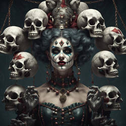 Female jester  balancing skulls. Creepy circus