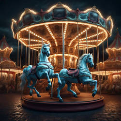 Carousel at night with real horses. Horror set