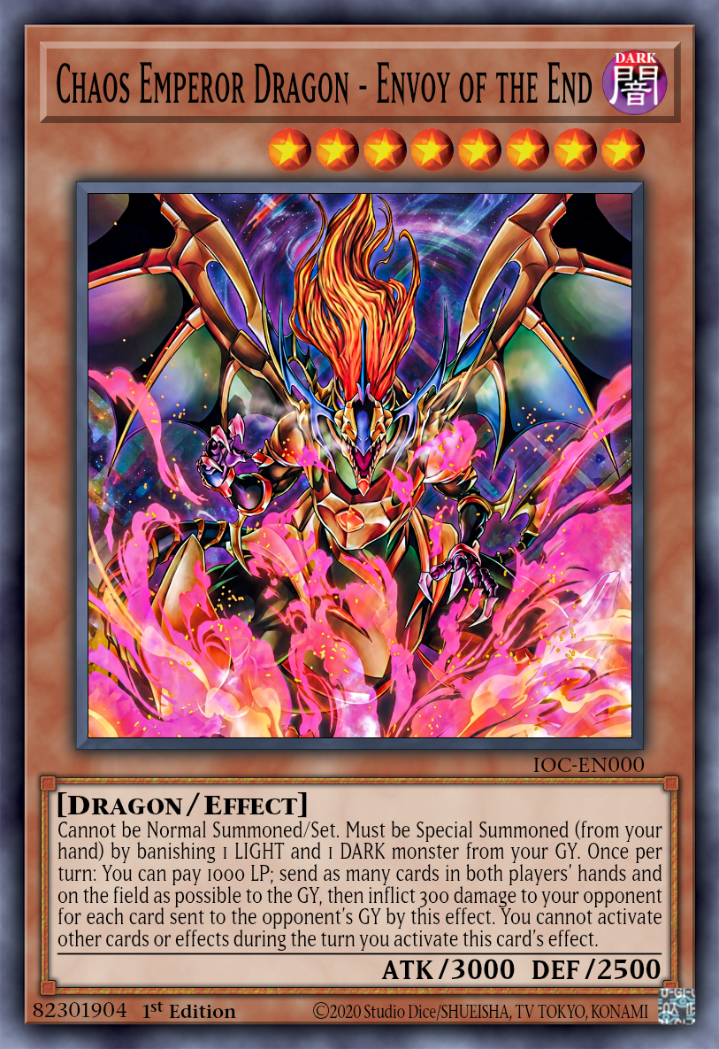 yugioh card chaos emperor dragon 2500 This card can only be Special Summoned by removing 1 LIGHT and 1 DARK monster in your Graveyard from play YuGiOh Chaos Emperor Dragon Envoy