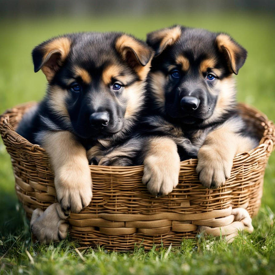 German Shepherd puppies, in a basket
