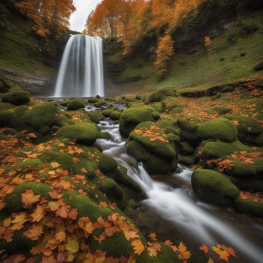 Mid-shot, outdoor, wind, autumn, clouds, waterfall