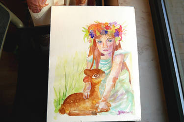 Girl with Deer - Aquarel Painting