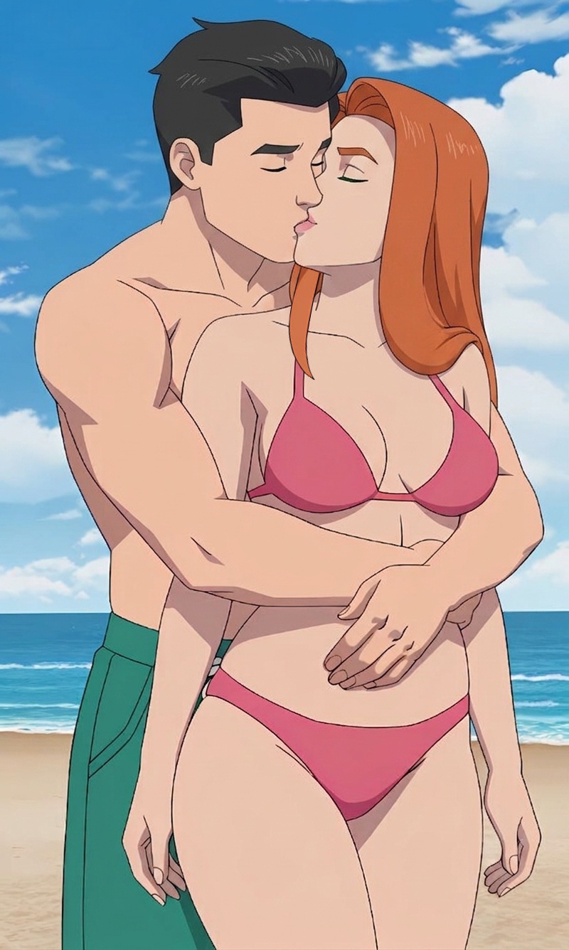 Mark and Eve kiss (in swimsuits)