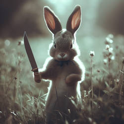 bunny holds a knife in meadow
