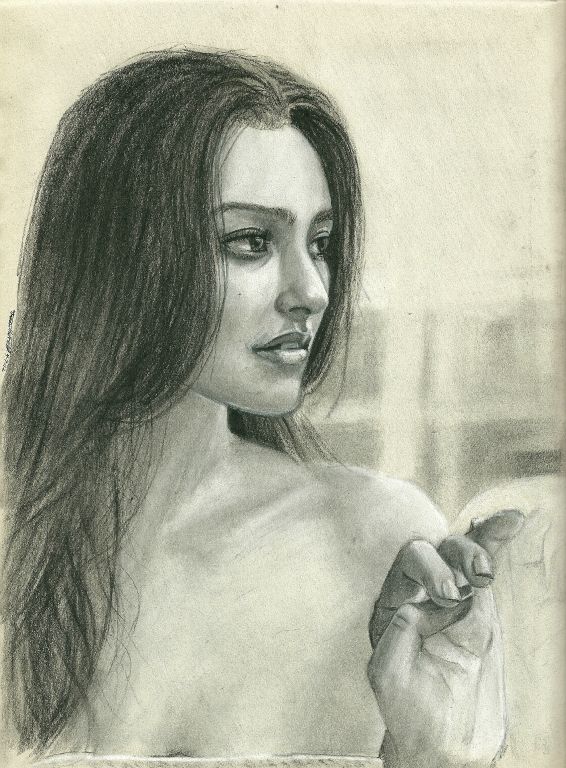 Charcoal drawing of photo of Jun Hasegawa