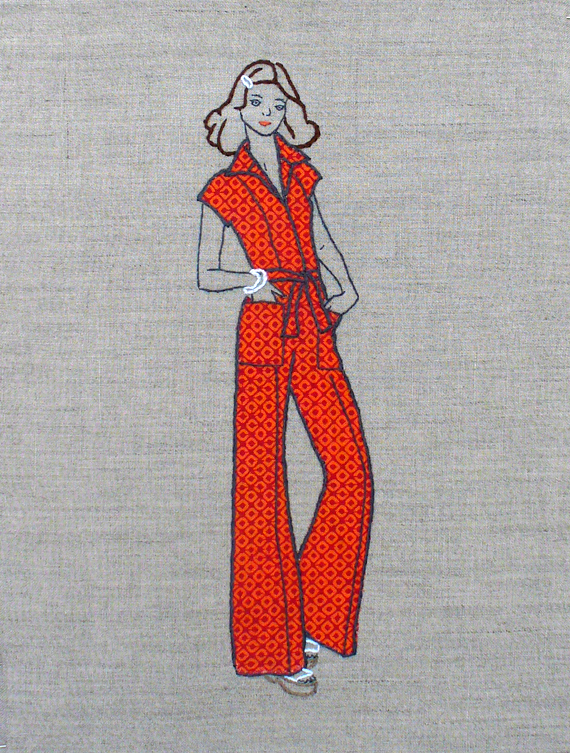 Embroidery lady in an orange jumpsuit