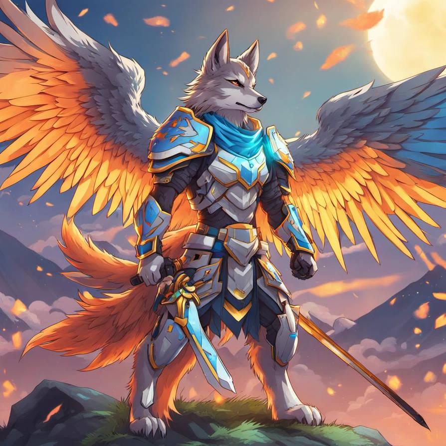 Winged Anthro Wolf, Grey Fur, Light Samurai Tech A
