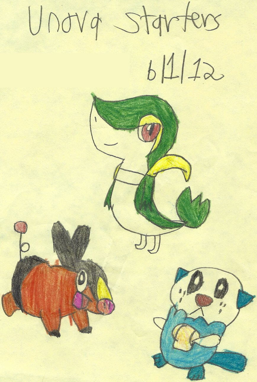 The Unova Starters drawn 6th January 2012 by Bomberdrawer on DeviantArt