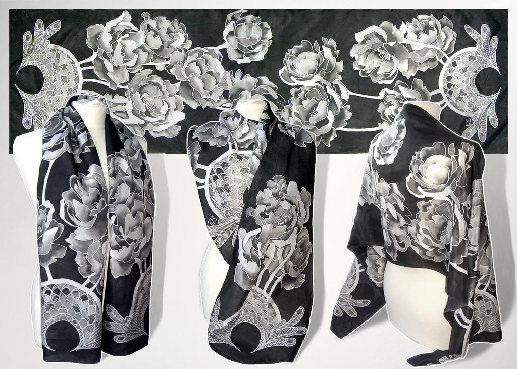 silk scarf Black Peonia hand painted MinkuLuL 