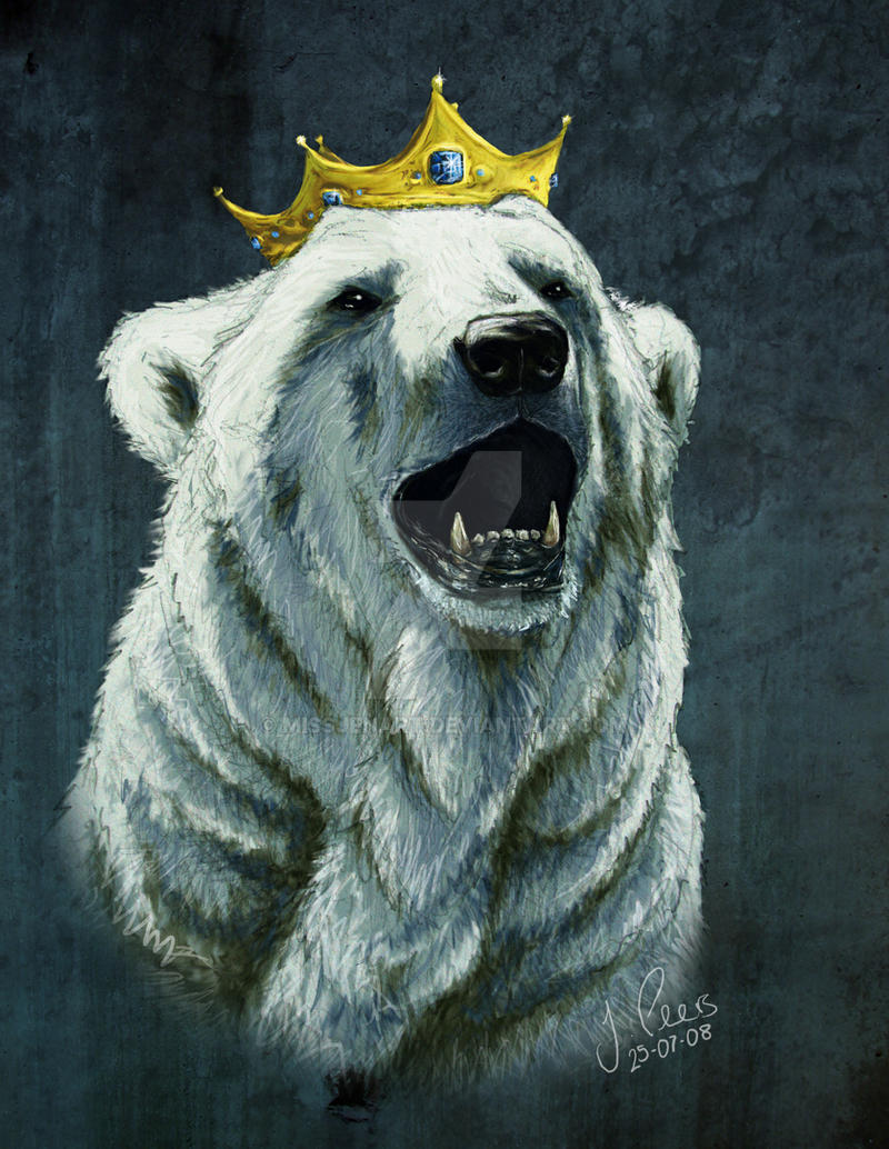 An illustration by MissJenArt of a lifelike polar bear with a crown on its head.