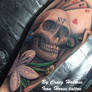 Skull / gambling leg sleeve tattoo by Craig Holmes
