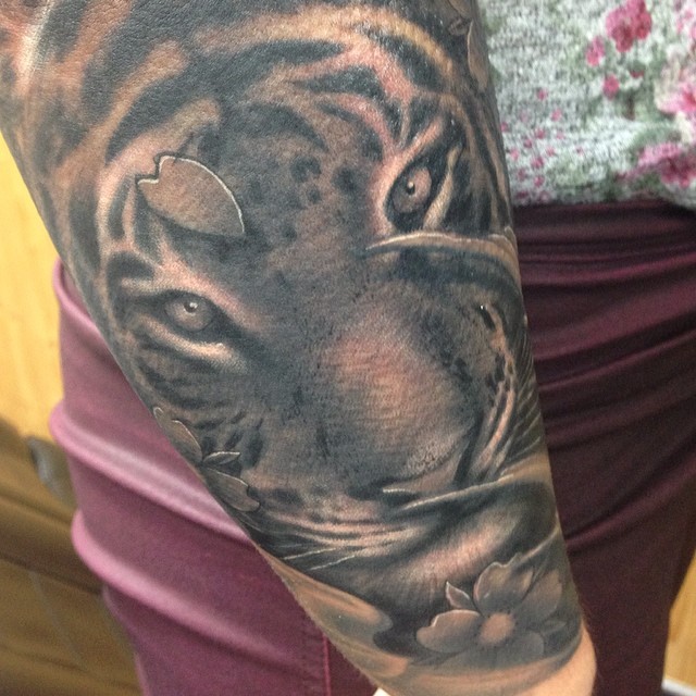 Tiger cherry blossom tattoo sleeve by Craig Holmes