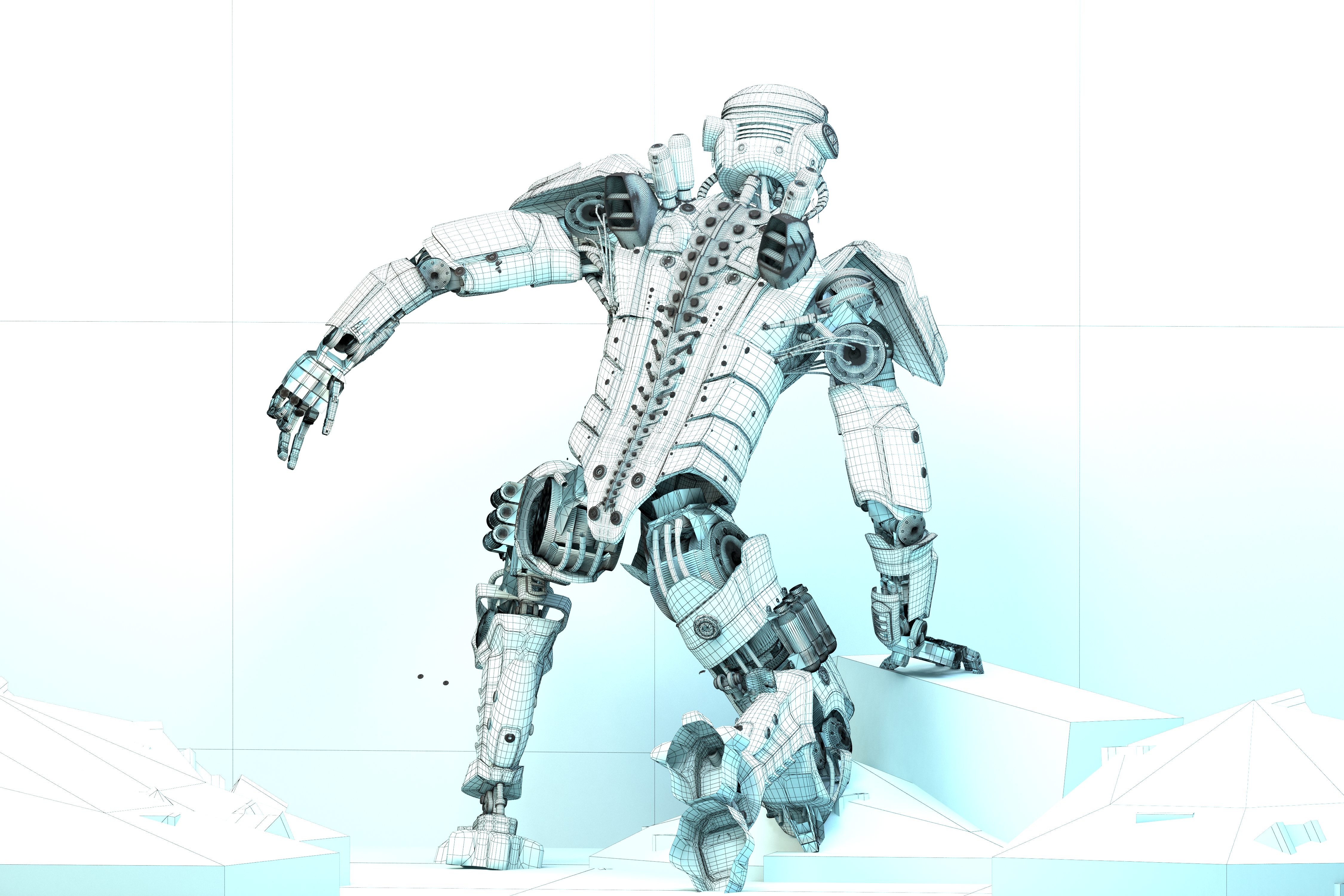 Mech Android Warrior Wireframe Back View 3d