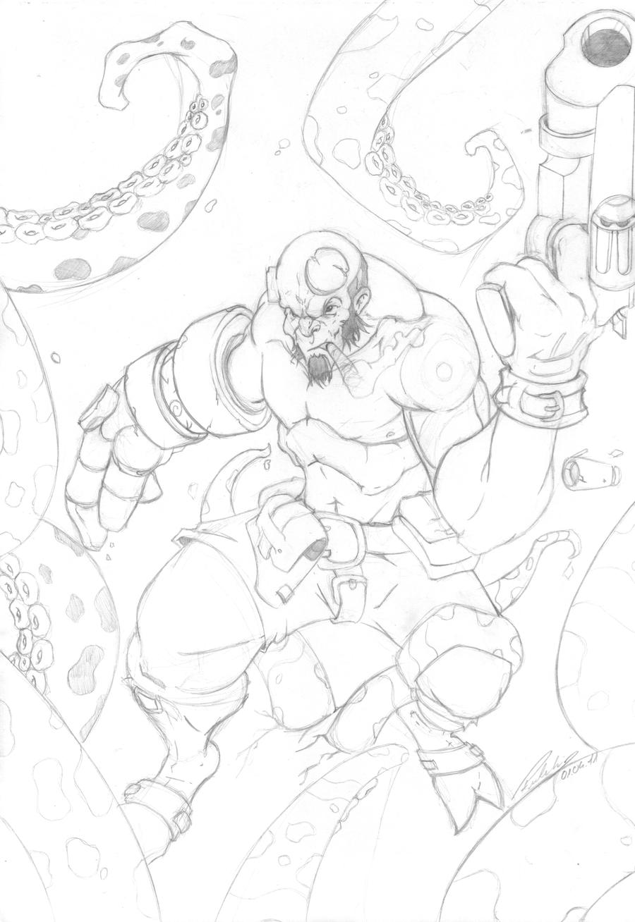 Hellboy vs tentacles lineart