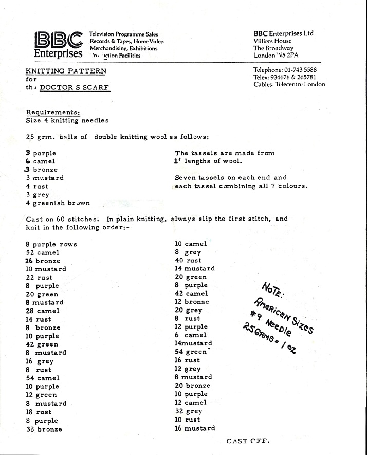 BBC Instructions for Tom Baker 4th Doctor's Scarf