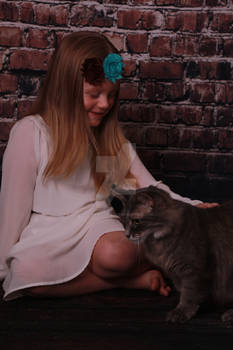 Girl with Cat Child Stock