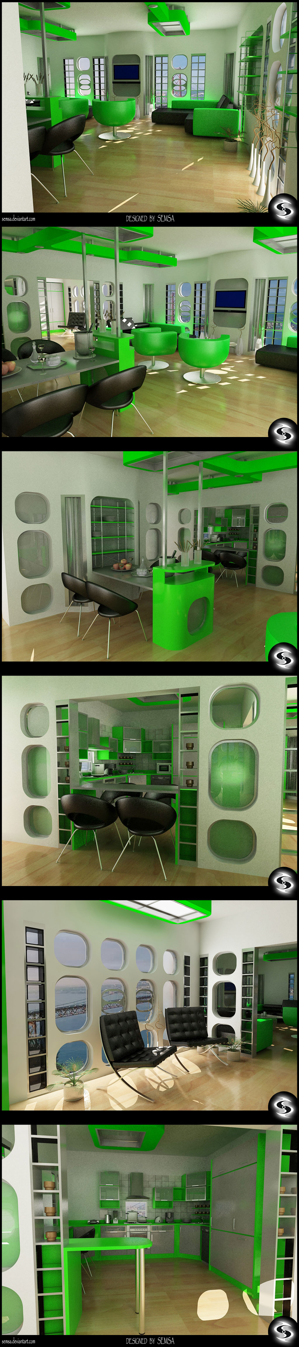 Green Kitchen N' Living Room