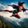 A Japanese SuperWoman is flying above a sequoia fo