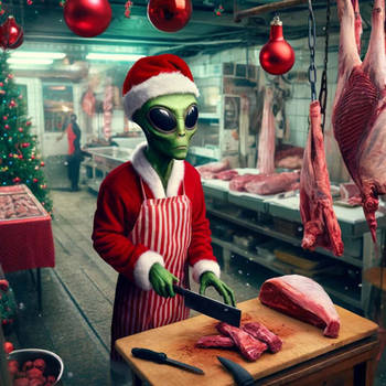 Santa Alien cutting meat