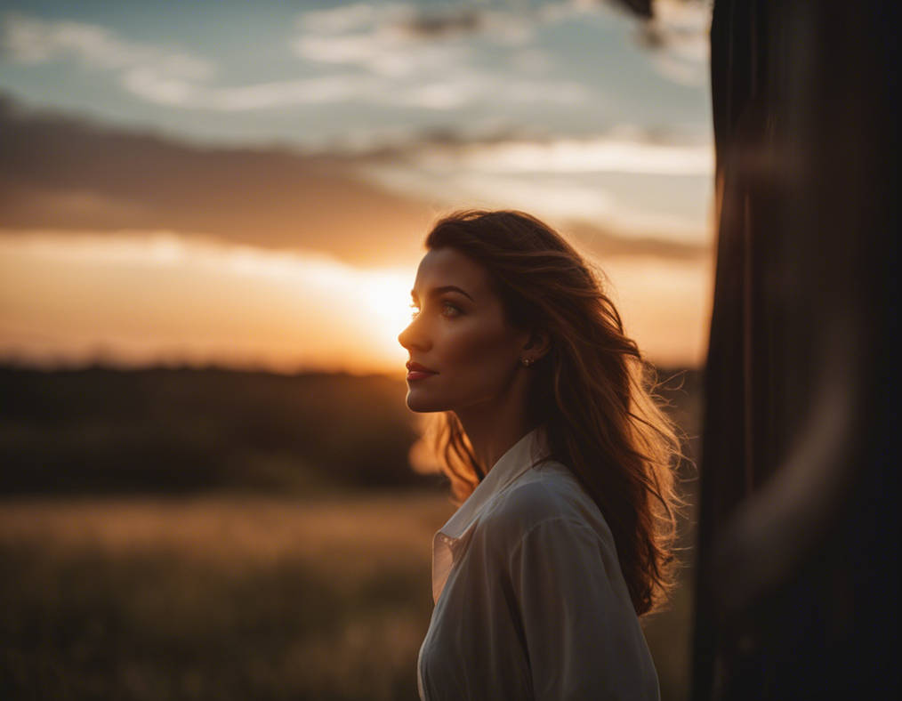 Pretty woman looks at sunset