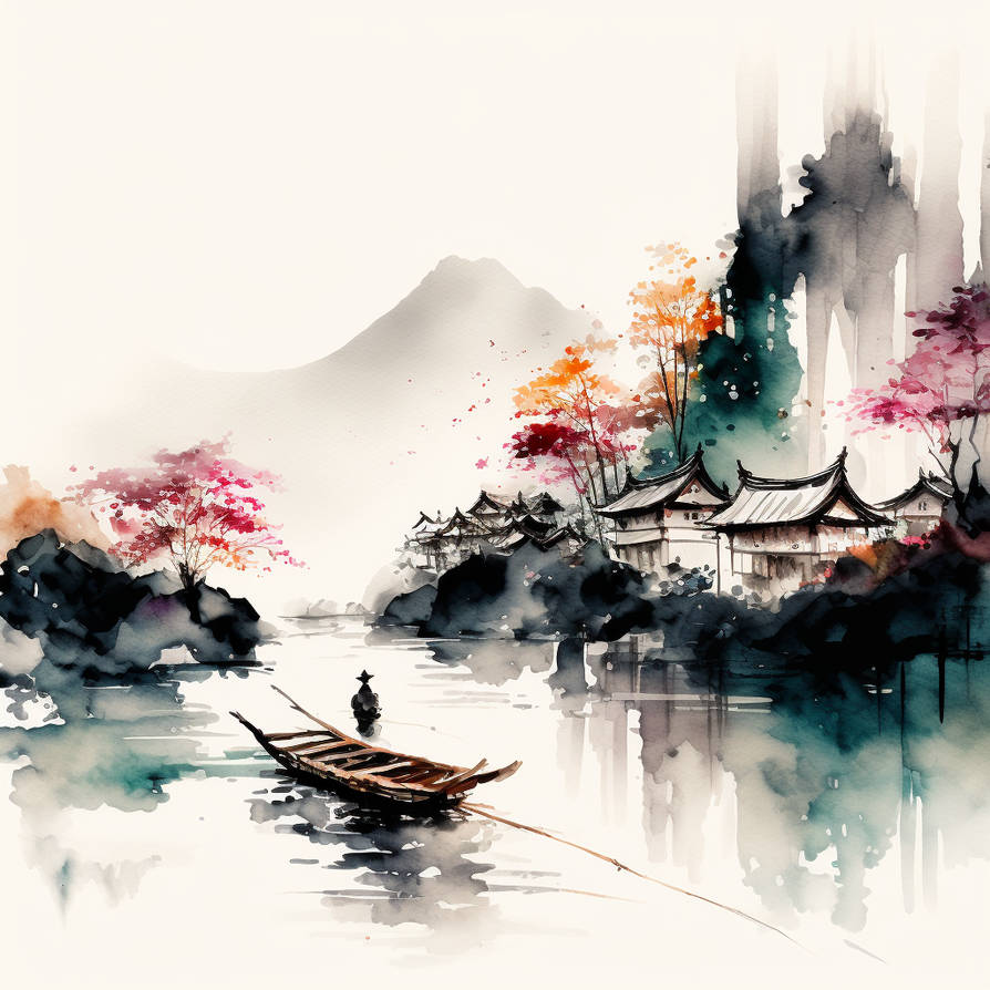 AI Art - Japanese Landscape Watercolor Painting 2 by Koalafish on
