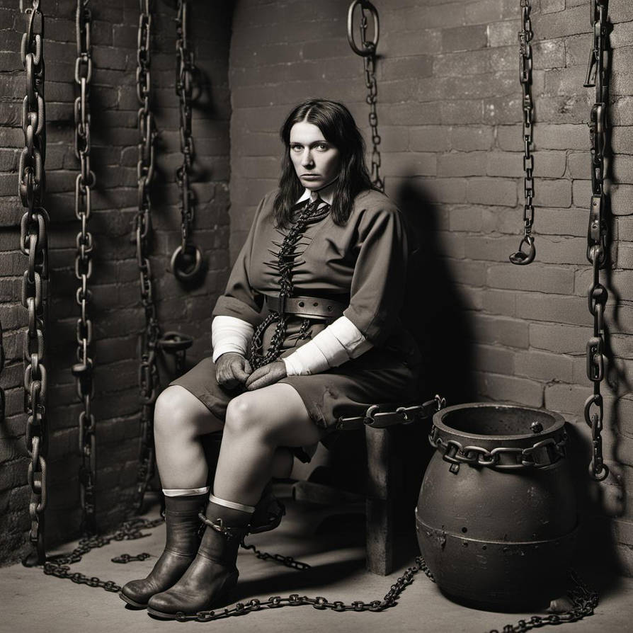 Woman Prisoner, Sitting In A Dungeon Cell, Wearing
