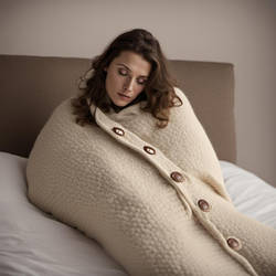 Woman buttoned up in thick wool sleepsack