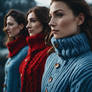 Three women wearing red coloured  buttoned ups