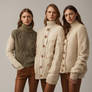 Three young women wearing fully buttoned cardigans