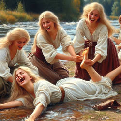 Girls having fun near a river