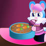 Rainbow Bunny eats food in the dish