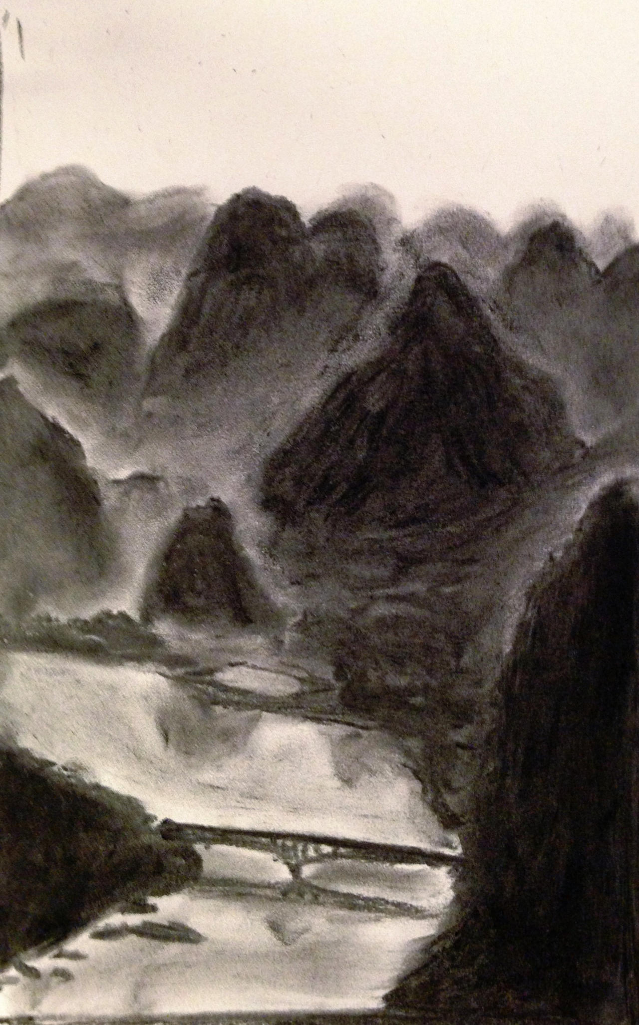 Li River, Yangshuo - Value study, Charcoal