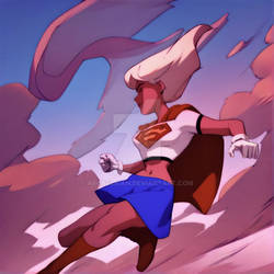 Cartoon Supergirl flying in the clouds