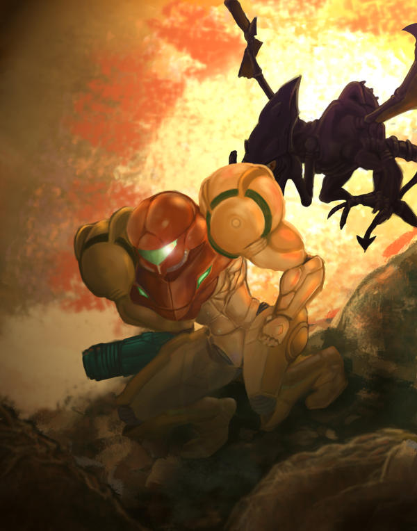 Samus Aran and Ridley by BrothaBlu