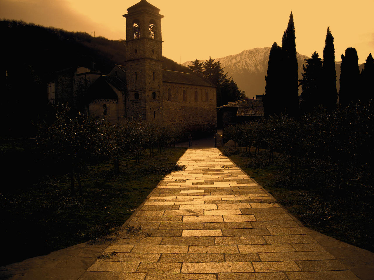 abbey of piona at sunset