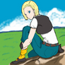 Android 18 sitting on a rock