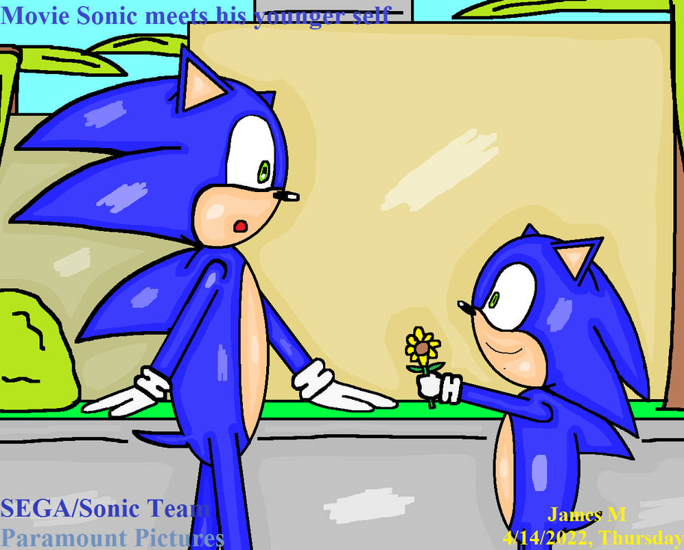 Movie Sonic meets his younger self (by James M) by cvgwjames on DeviantArt