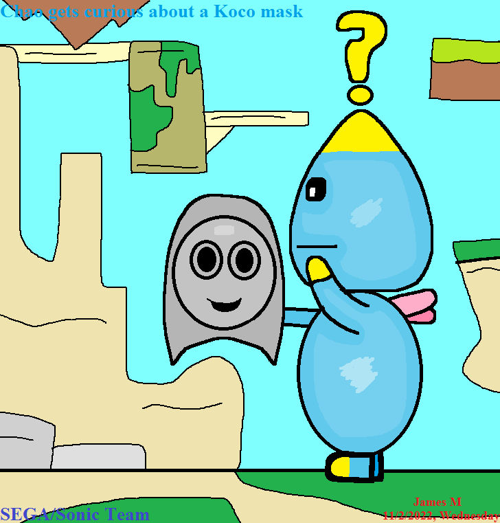 Chao gets curious about a Koco mask (by James M) by cvgwjames on DeviantArt