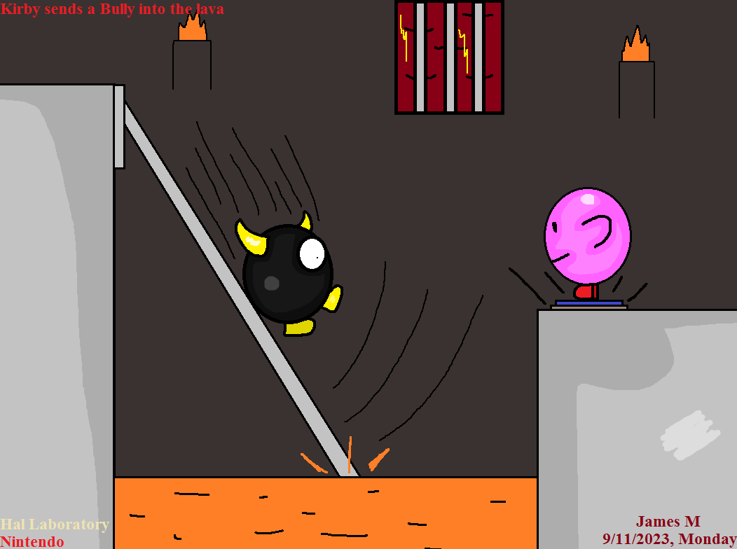 Kirby sends a Bully into the lava by cvgwjames on DeviantArt